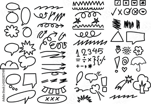 Hand drawn doodle line icons and symbols set