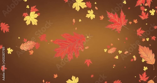 Autumn leaves falling down on brown background, seamless loop.