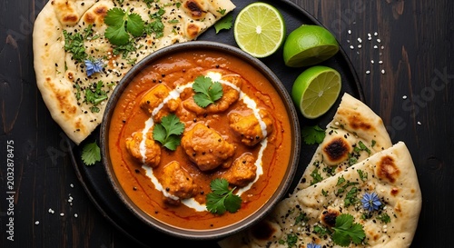 Delicious chicken tikka masala curry in a bowl served with fresh naan bread and lime wedges on a dark table