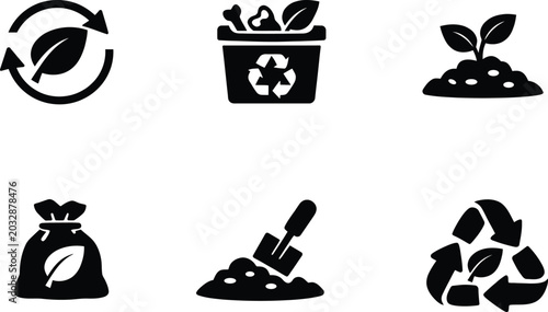Set of six black environmental recycling and composting vector icons