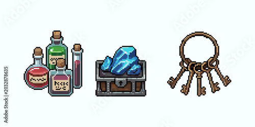 Tableau sur toile Pixel art of fantasy RPG game inventory loot set featuring magic potion bottles, a small chest with blue crystals, and a ring of skeleton keys