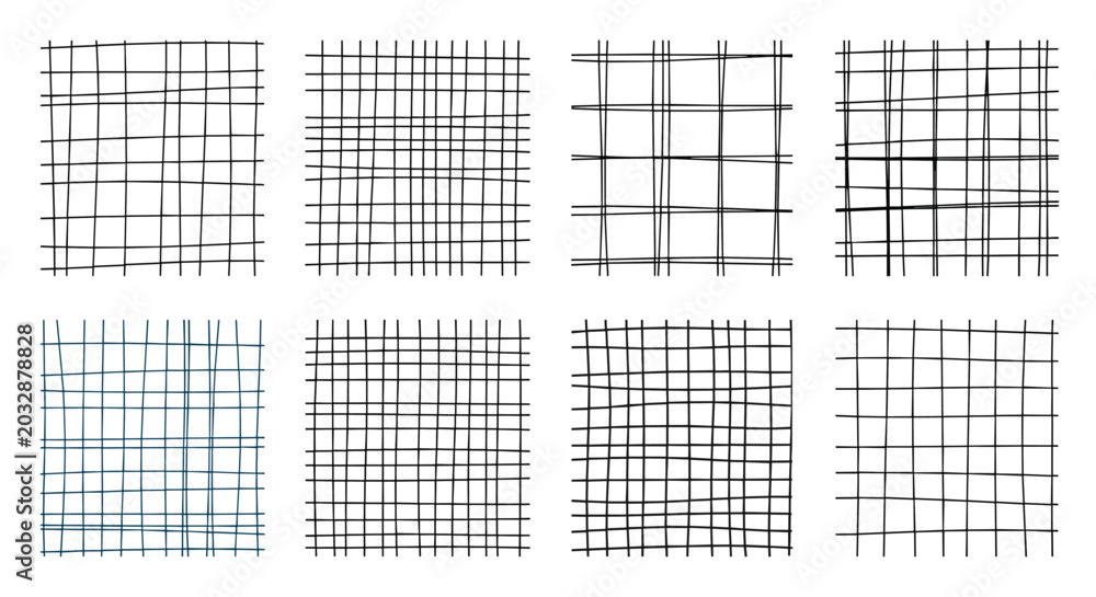 Fototapeta premium Collection of eight unique hand drawn grid patterns with various line thicknesses and styles for abstract artistic designs.