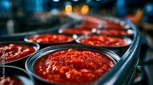 Open cans filled with tomato sauce move along a metal conveyor belt inside a food processing plant production line for manufactu.
