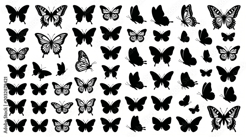 Obraz premium A collection of black butterfly silhouettes on a white background