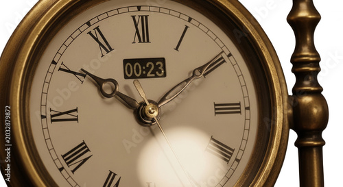 Close-up of an antique brass clock face with roman numerals and a small digital display showing the time 00:23 against a dark background
