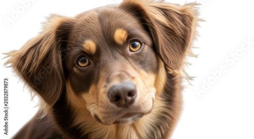 Close-up portrait of a brown and tan mixed-breed dog with floppy ears looking directly at the camera against a solid black background