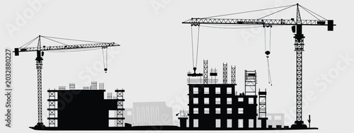 Construction site silhouette with tower cranes and buildings under development for industrial architectural engineering and urban growth project vector illustration
