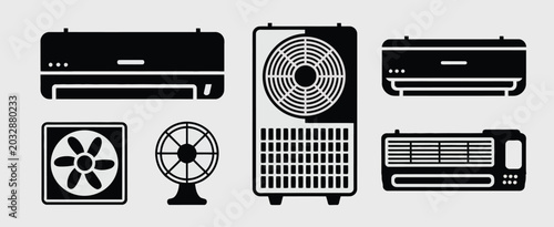 Air conditioner icons set with climate control system split units ventilation exhaust fan and electric cooler vector black silhouettes