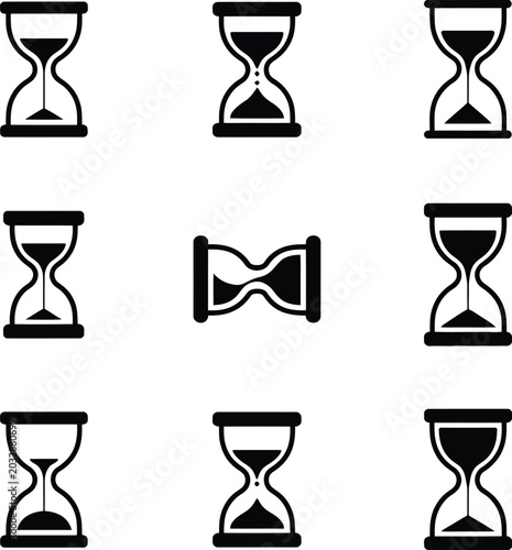 Collection of black hourglass on white background, time sand