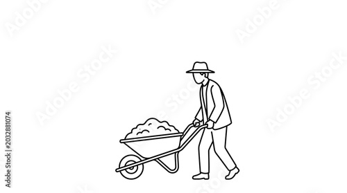 Foto A line art illustration of a farmer pushing a wheelbarrow filled with soil