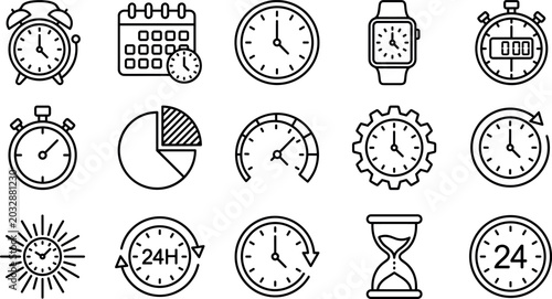 Εκτύπωση καμβά Time management, productivity, and schedule thin line icons set featuring alarm clock, stopwatch, calendar, hourglass, smartwatch, and 24 hours service availability elements