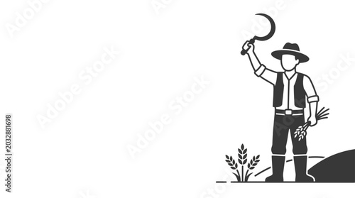 Photos A black and white illustration of a farmer holding a sickle in a field