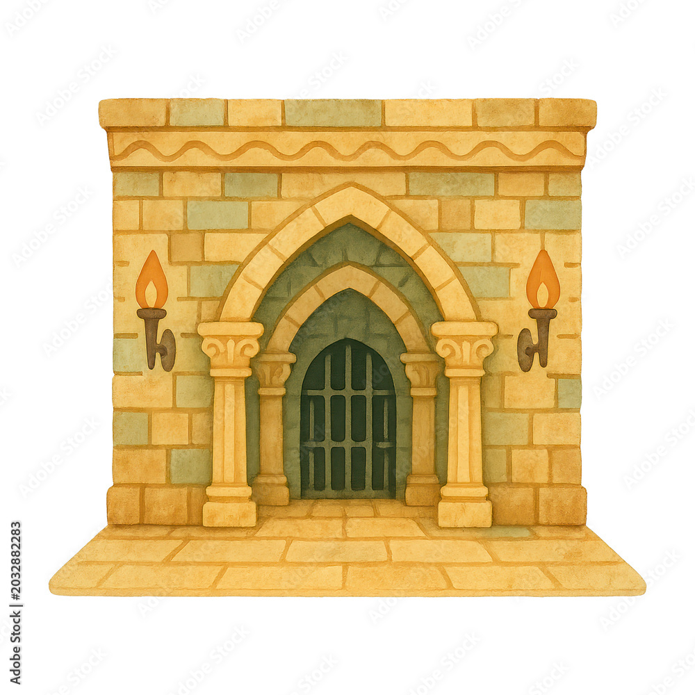 Fototapeta premium PNG Medieval stone castle entrance illustration.