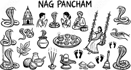Bild auf Leinwand Nag Pancham Line Art Icons: Snakes, Puja Thali, Temple, People - Hindu Festival