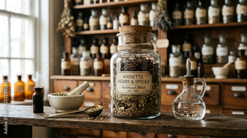 Vintage Apothecary Jar Filled With Anisette Herbs and Spices on a Wooden Shelf Display