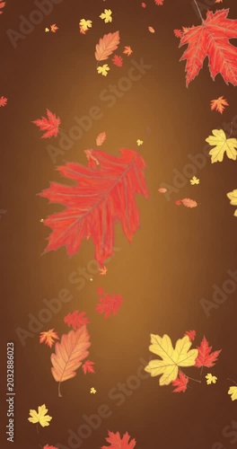 Autumn leaves falling down on brown background, seamless loop.Vertical video.