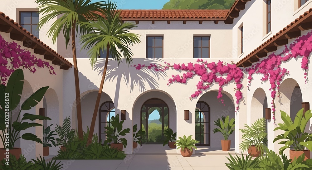 Fototapeta premium Mediterranean Villa Courtyard with Arches Palm Trees and Pink Bougainvillea Flowers