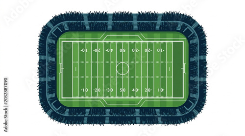 American Football Stadium Aerial View Green Field White Lines.