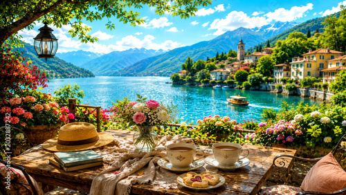 Sunny Romantic Lakeside Picnic with Tea and Flowers in Mountain Village