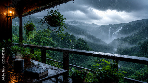Rainy Balcony View Over Misty Green Valley and Waterfalls