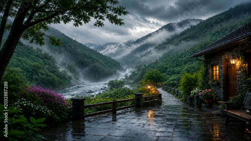 Cozy Monsoon Cottage in Misty Valley with River and Waterfall