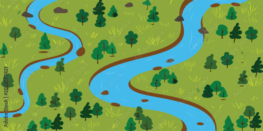 Fototapeta premium Top down aerial view cartoon illustration of a winding blue river flowing through a dense green forest with varied evergreen and deciduous trees and foliage landscape illustration environment.