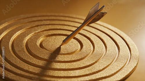 A golden arrow precisely hitting the center of a golden target, symbolizing perfect aim and achievement