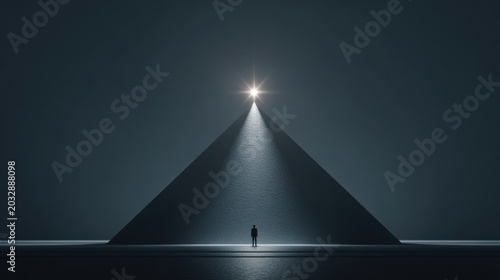 A lone figure stands at the base of a monumental pyramid, illuminated by a bright beam of light from its apex. The star at the top symbolizes a shining goal or aspiration