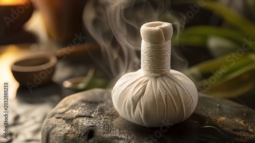 poultice. Subtle steam rising from a cloth-wrapped poultice on a stone surface. gardening catalogs, home-decor guides, designed for home decor and floral branding, used by video editors.