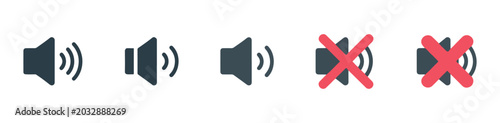 Bild auf Leinwand Audio speaker volume progression icons set with mute function and red cross marks on transparent background as