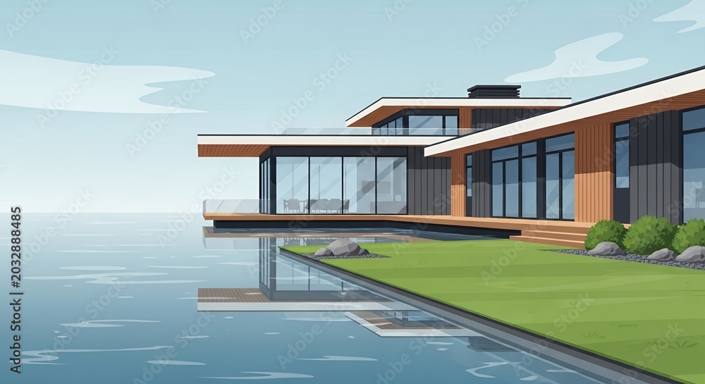 Fototapeta premium Modern Luxury Minimalist Villa on Calm Water Waterfront Contemporary House with Glass Walls Green Lawn Reflection Illustration