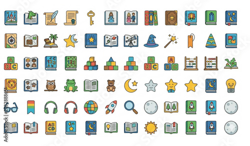 30 Vibrant Children Book Line Icons Vector Set for Kids’ Education and Storytelling