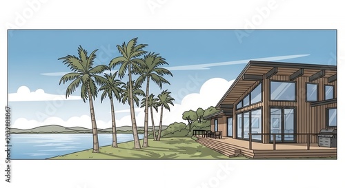 Modern Lakeside Wooden House Illustration with Palm Trees and Scenic Waterfront View