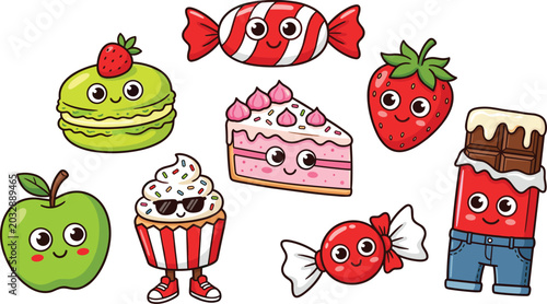 Fotografie Cute Kawaii Sweet Food Cartoon Vector Collection – Happy Dessert Characters, Pas