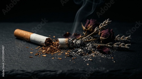 Stop smoking concept with broken cigarette ash and dried flowers for addiction recovery and health awareness campaigns
