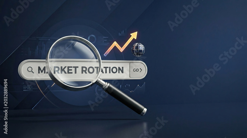 Market rotation magnifying glass search bar stock market investment financial analysis market trend business concept global economy Market rotation concept with magnifying glass over search bar