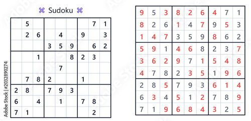 Sudoku puzzle grid with completed and blank cells on white background  