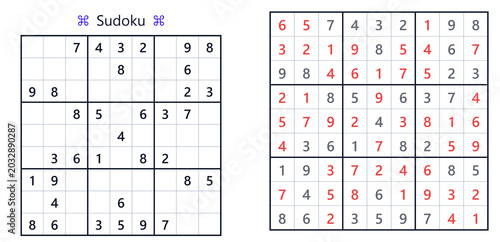 Cuadro en lienzo Sudoku puzzle grids with solutions in red highlight