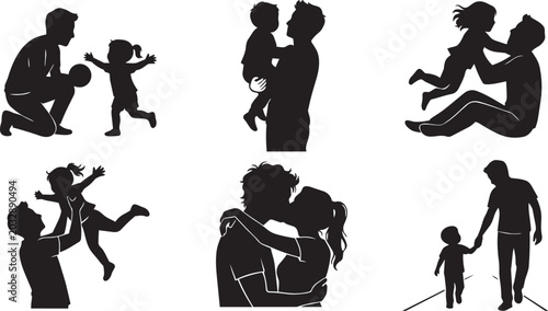 Tableau sur toile Father and child silhouette set featuring parenting, family bonding, baby playti