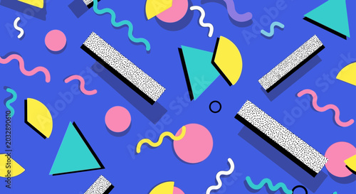 memphis style abstract geometric pattern background with colorful shapes and squiggles evoking a retro 80s 90s graphic design aesthetic.