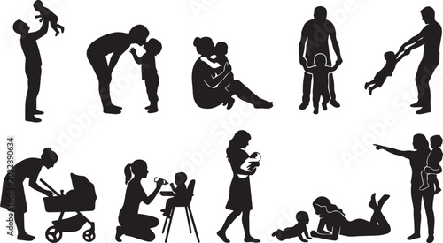 Parenting and childcare silhouette collection featuring family bonding, baby care, feeding, stroller walking and parent child interaction vector illustrations for lifestyle projects