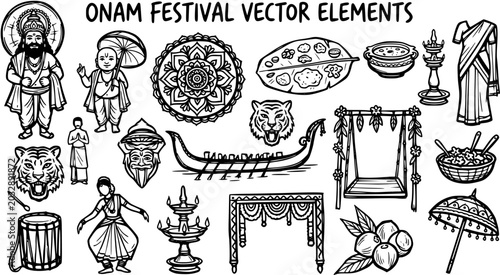 Tableau sur toile Onam Festival Vector Elements: Traditional Indian Hindu God, Dancer, Boat, Food,