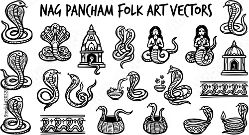 Nag Pancham Folk Art Vectors: Cobra Snake Illustrations, Hindu Deities, Religious Symbols, Line Art