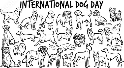 International Dog Day Black and White Line Art Vector of Various Dog Breeds Celebrating Pets