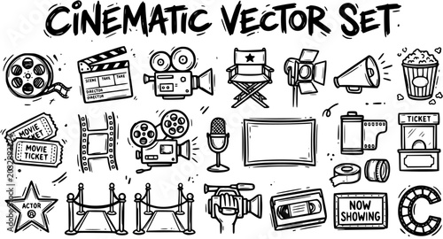 Black and White Line Art of Cinematic Vector Set Icons: Film, Movies, and Entertainment