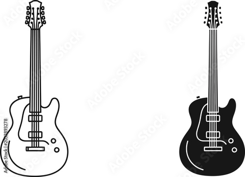Two electric guitars in line art and solid black silhouette against a white background