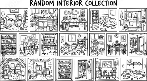 Black and White Line Art Collection of Random Interior Scenes, Including Living Room, Kitchen, Office, Bedroom, Bathroom, Garage, Attic, Dining Room, Closet, and More