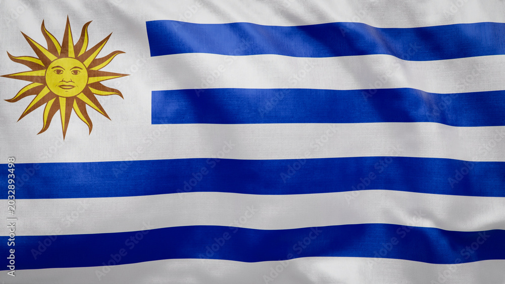 Fototapeta premium Uruguayan flag waves softly in the breeze. 2026 soccer tournament participating team flags. Perfect for football and sports event graphic assets. Uruguay Flag
