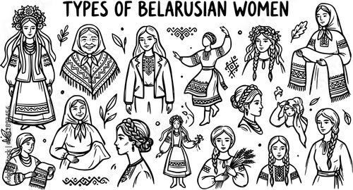 Black and White Line Art Doodle of Belarusian Women in Traditional Costumes and Folk Outfits, Portraits Illustrating Slavic Culture and Heritage Types