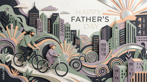 Retro Happy Fathers Day Typography with Urban Skyline Decorative Vintage Greeting Illustration